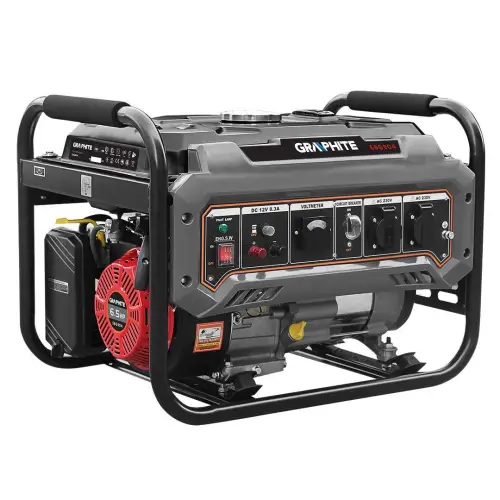 Генератор бензиновый GRAPHITE 58G904, 2,0/2,2 кВт, 1х12 В и 2х230 В (16 А), бак 15 л, 360 г/кВтЧ, 40 кг