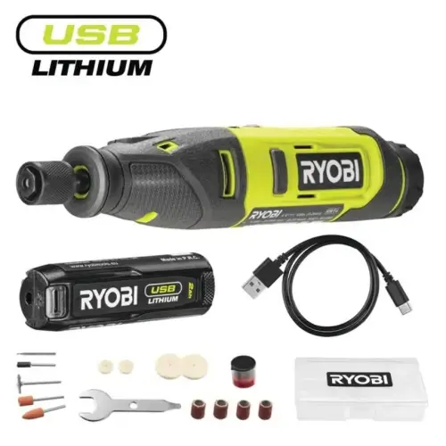 Шлифмашина прямая Ryobi RRT4-120GA15, 4 В USB Lithium, акб 1х2А/ч, набор аксусуаров 